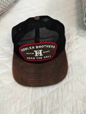 Howler Brothers Black Mesh Trucker Hat with Brown Brim and Red-Trim Patch